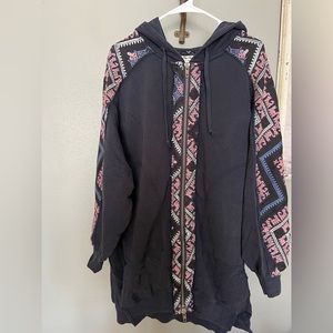 Free People Black Hooded Zip-Up Sweatshirt with Pink & Blue Aztec Trim